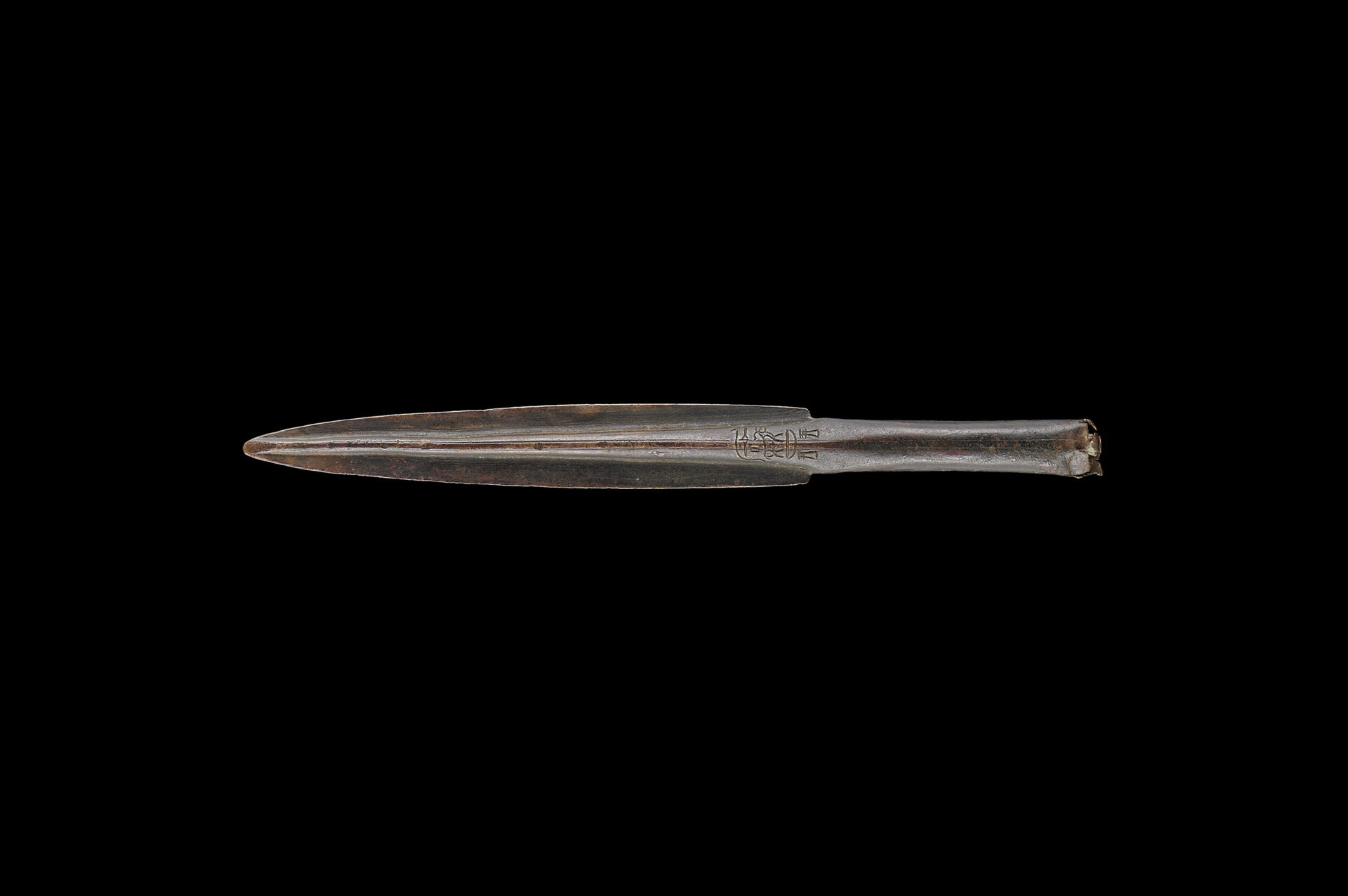 ANCIENT EGYPTIAN BRONZE SPEAR HEAD, INSCRIBED WITH HIEROGLYPHS, 992-990 B.C.