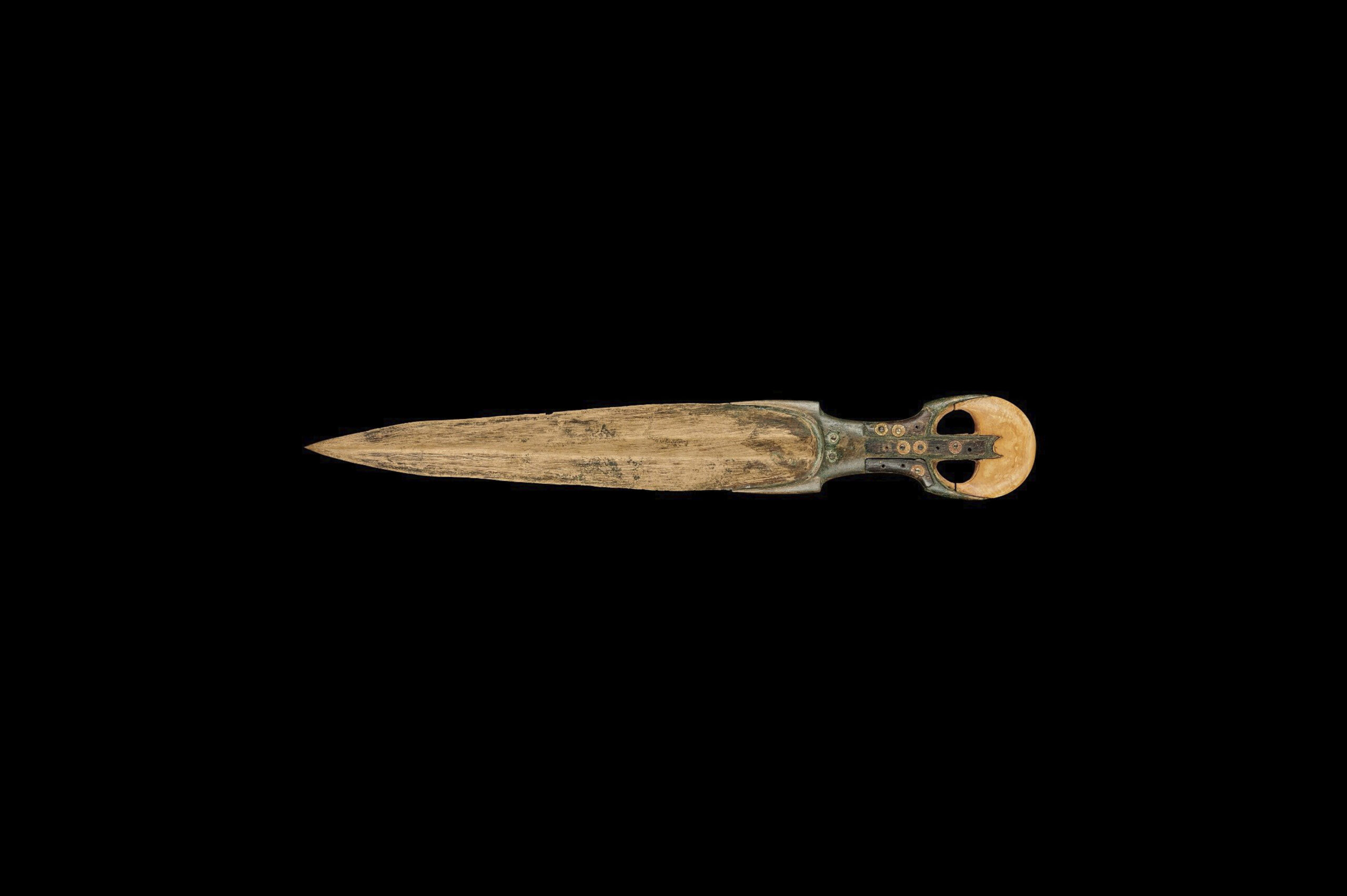 LARGE BRONZE DAGGER WITH IVORY AND GILT ROSETTES, EGYPTIAN, CA, 1786-1590 B.C